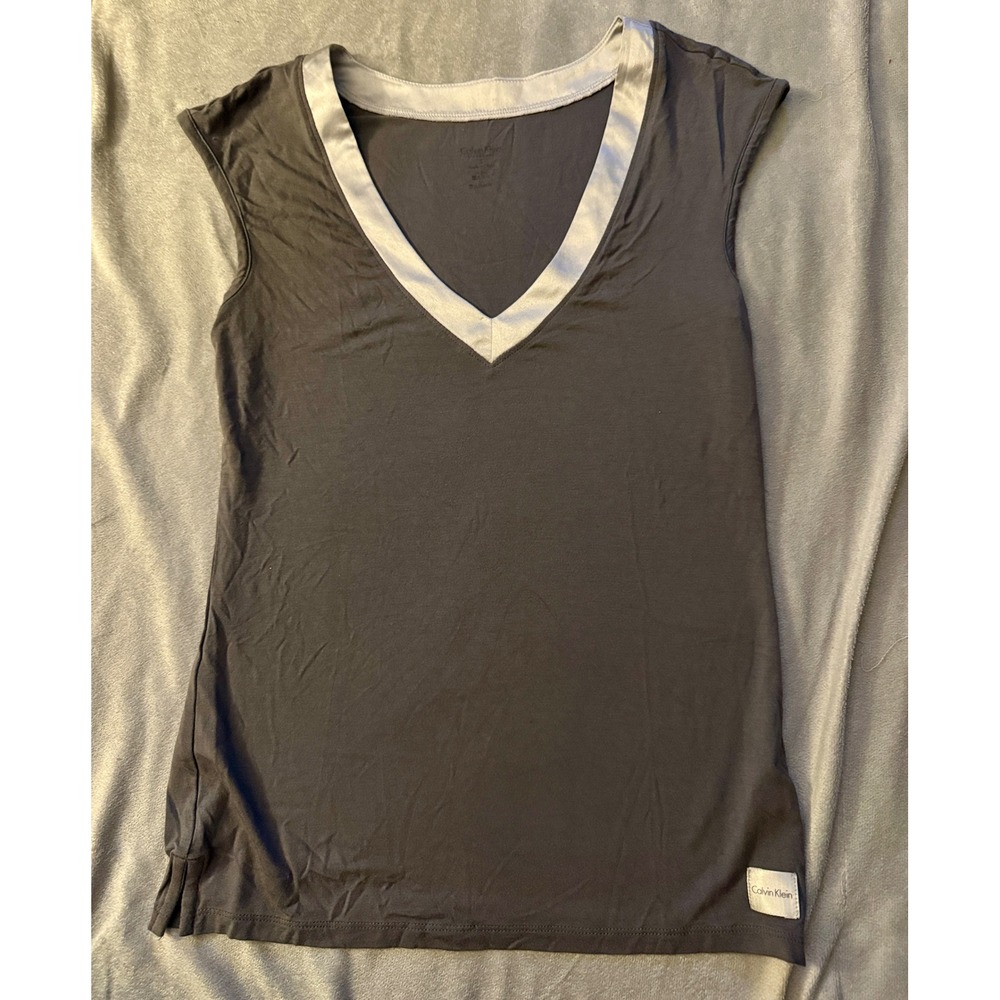 Calvin Klein Sleepwear Top Women Small Grey Silver V-Neck Satin Trim